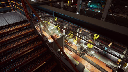 A conveyor system in a factory is actively assembling components, with machinery operating...