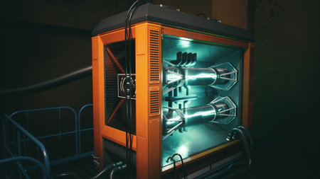 In a futuristic laboratory, a cutting edge energy generator pulses with vibrant light, showcasing intricate design.の写真素材