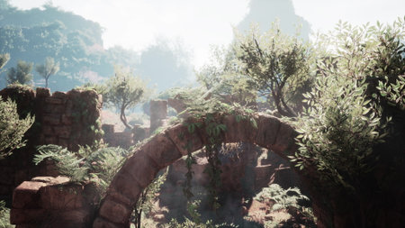 An ancient stone archway sits amidst thick vegetation and sunlight filtering through trees, creating...