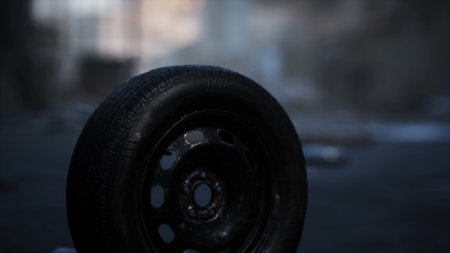 A black tire is seen in the foreground, surrounded by a desolate urban environment under dim...