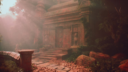 A building surrounded by dense trees in the forest.の写真素材