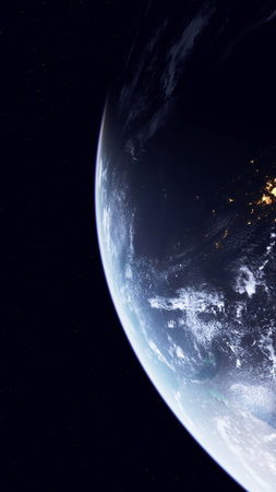 The Earth as seen from space during the night, showcasing illuminated cities, natural light...
