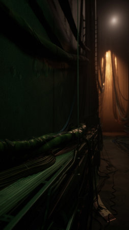 A room filled with darkness except for a single ray of light shining through the window, casting...