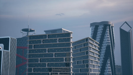 Several tall buildings standing next to each other in a futuristic cityscape, showcasing modern architecture and urban development.の写真素材
