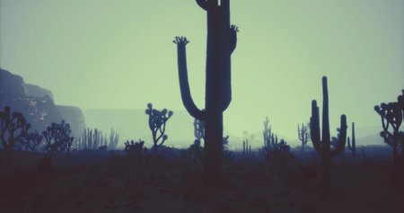Dark silhouettes of cacti stand against a fading horizon as dusk settles in a desert environment....