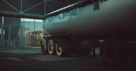 A large tanker truck is parked inside an industrial warehouse. Sunlight filters through the windows, creating shadows and illuminating the metal textures of the setting.の写真素材