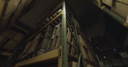Tall shelves stacked with boxes fill a dimly lit storage facility. The structures create a maze like appearance, while shadows loom in the corners of the room.の写真素材