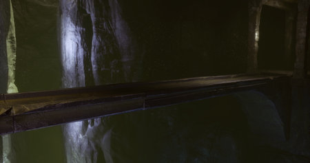 A person traverses a narrow bridge suspended above still water within a dimly lit cavern. The...