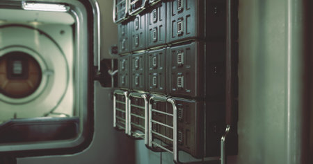 Inside a storage module aboard the International Space Station, various compartments are neatly arranged along the wall. The setting reflects a functional and organized environment for astronauts.の写真素材