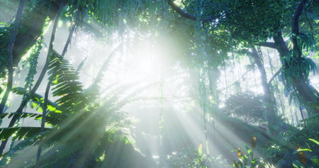 Sunlight breaks through the thick canopy of a lush forest, casting beautiful rays onto the ground....