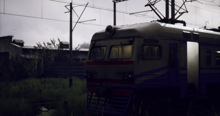 A vintage train rests at an overgrown station surrounded by tall grass and dilapidated structures...