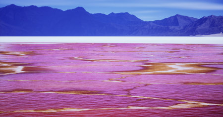 The surreal pink salt flats stretch across the landscape, reflecting the clear blue sky above while majestic mountains create a stunning backdrop. The unique colors and patterns captivate.の写真素材