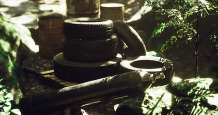 Tires and barrels lie scattered among green foliage in a forest. Sunlight filters through the trees, creating an atmosphere of neglect and nature reclaiming space.の写真素材