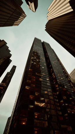 A view from below of towering skyscrapers in an urban cityscape, showing the scale and height of the buildings against the sky.の写真素材