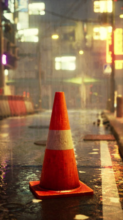 A bright traffic cone sits on the side of a wet Asian road during a rainy night in a small town.の写真素材