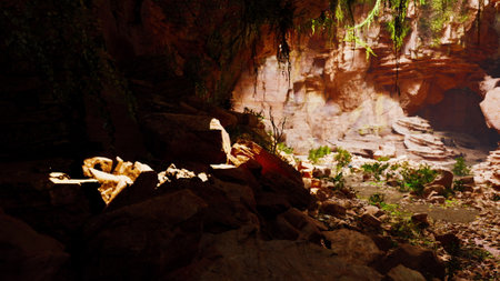 A cave filled with lots of rocks and plantsの写真素材
