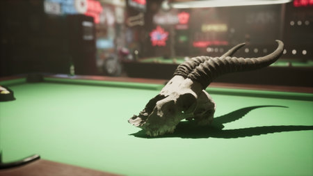 A fake animal skull on a pool table