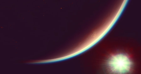 The image captures a striking curvature of a distant planets horizon, enhanced by radiant light reflecting off its atmosphere in the vastness of space.の写真素材