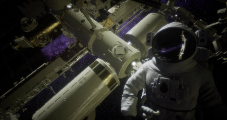 An astronaut is floating outside a space station, surrounded by the vastness of space. Bright stars...