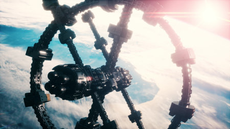 Unidentified alien spaceship flying near Earthの写真素材