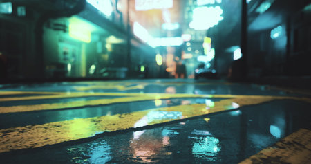 Reflective yellow lines on wet pavement create a vibrant visual in a bustling city. Neon lights...