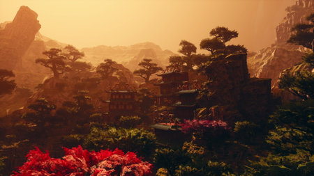 The scene captures a tranquil Asian temple surrounded by lush mountains under a warm sunset. Colorful flowers enhance the beauty of this serene setting, inviting contemplation and peace.の写真素材