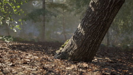 A large tree leans at an angle in a tranquil forest, its bark textured and rough. The ground is covered with brown fallen leaves, enhancing the peaceful atmosphere of nature.の写真素材