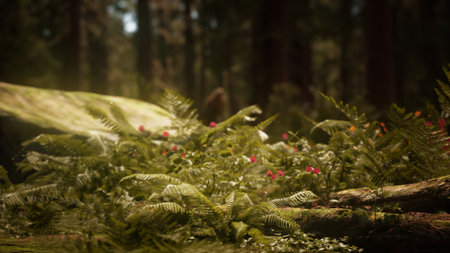 Sunlight filters through the trees, illuminating vibrant ferns and delicate wildflowers. This tranquil setting invites exploration, capturing the essence of natures beauty and calm.の写真素材