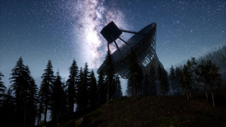 Under a dazzling night sky filled with stars, a radio telescope stands tall among evergreen trees, capturing signals from distant galaxies.の写真素材