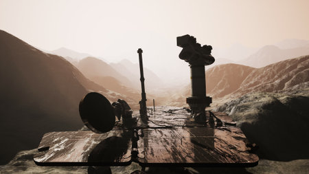 Opportunity rover surveys the rocky Martian terrain as the sun sets, casting soft light across the rugged hills and valleys, highlighting the exploration of the red planet.の写真素材