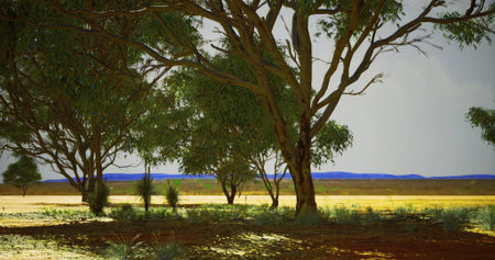 In a tranquil Australian landscape, lush green trees cast soft shadows on the ground as twilight...