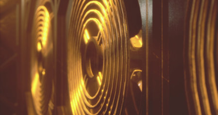 A close up view captures the intricate patterns of sound waves flowing from robust speakers...