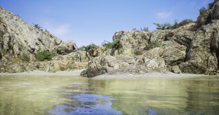 Crystal clear waters reflect the vibrant blue sky as rocks rise majestically above the shoreline....
