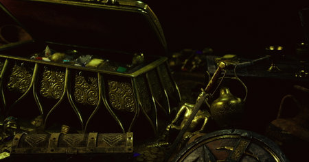 Intricate chest overflowing with glittering gems and golden relics rests in shadowy surroundings. Antique tools and artifacts surround the chest, creating a sense of wonder and adventure.の写真素材
