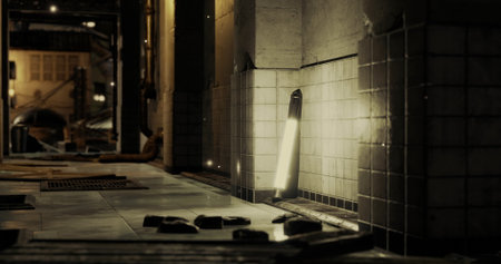 A narrow alleyway features warm light reflecting off tiled walls amidst scattered debris. The urban...