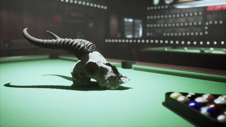 A striking skull sculpture rests on a vibrant green billiard table. The dimly lit lounge enhances...