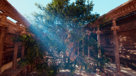 Sunlight streams through a grand, ancient ruin where a large, green tree thrives. Intricate stone...