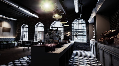 In a cozy cafe, sunlight filters through large windows highlighting rustic brick walls and a stylish...