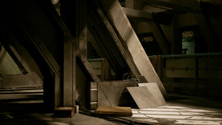 Light filters through an industrial area, casting shadows on textured surfaces. Metallic structures rise, revealing an intriguing blend of modern design and abandoned atmosphere.の写真素材