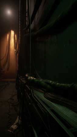 Shadows dance along the walls of a narrow corridor filled with draped fabric. Dim lighting reveals...