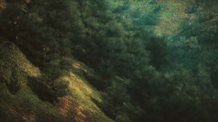 A vibrant forest scene unfolds in the sunlight, showcasing green trees spread across gentle hills....