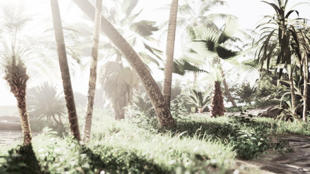 A tranquil scene unfolds in a tropical paradise, featuring tall palms and rich greenery. Soft sunlight filters through the leaves, creating a serene and peaceful atmosphere.の写真素材