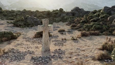 A solitary stone cross emerges amidst a sandy area, surrounded by lush greenery and rugged rocks under the warm glow of the setting sun, creating a peaceful and reflective atmosphere.の写真素材