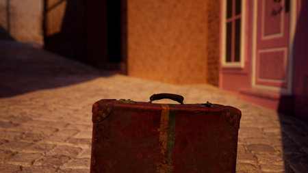 An ancient suitcase sits quietly on a winding cobblestone path, surrounded by colorful buildings as the golden sun sets, hinting at stories yet to be told and journeys yet to begin.の写真素材