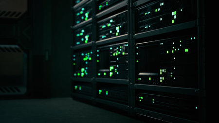 In a dark tech storage room, multiple data servers glow with bright green lights. The contrasting...