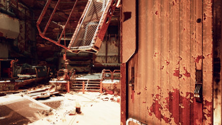 Rusty machinery and peeling paint fill this deserted industrial area. Sunlight filters through broken windows, casting shadows on scattered debris and forgotten equipment, evoking a sense of loss.の写真素材