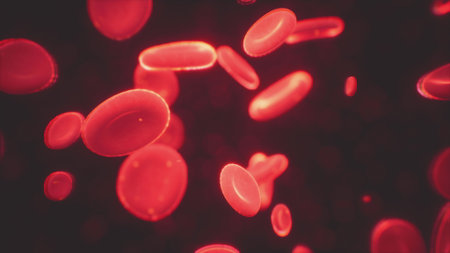 Red blood cells flow smoothly in a vast, dark space, showcasing their bright, vivid color. These tiny, vital components travel through the bloodstream, essential for oxygen transport.の写真素材