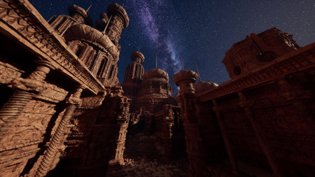 An ancient stone city stands tall, illuminated by the glow of millions of stars above. The atmosphere is enchanting, inviting exploration and wonder.の写真素材