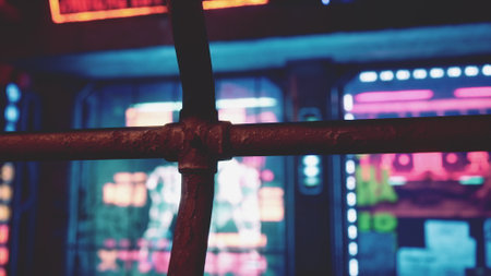 Colorful neon lights illuminate a cityscape as rusty bars create a unique foreground. The atmosphere feels lively with hints of urban culture at night, showcasing bright colors and city energy.の写真素材