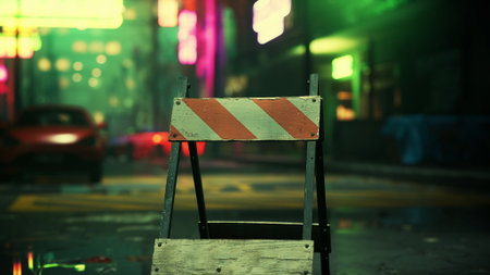 A street blocked off by a barricade stands under glowing neon lights. Raindrops shimmer on the ground, reflecting the lively colors of the nearby signs in a bustling city.の写真素材